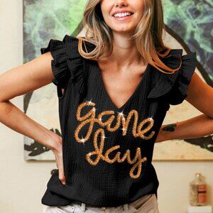 Black & Gold Game Day Ruffled Sleeveless Top